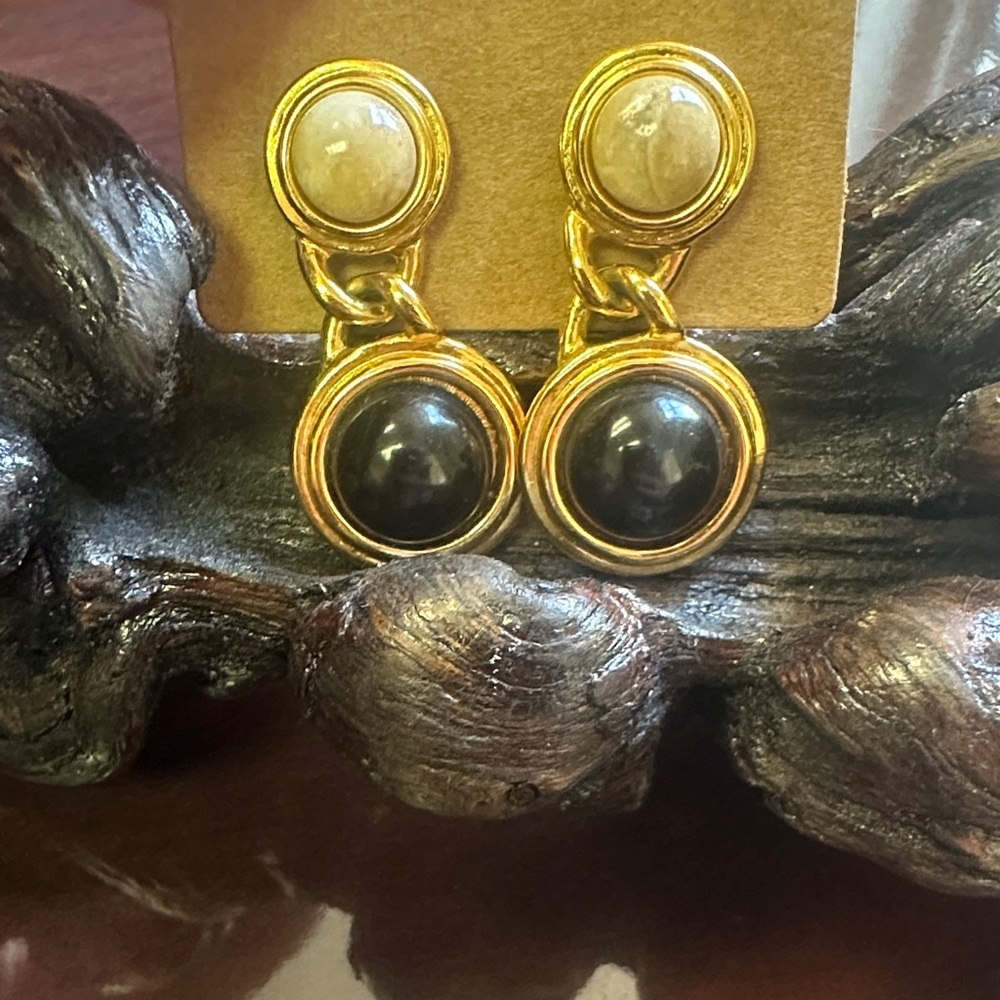 Napier Gold-Tone Black and Ivory Drop Earrings
